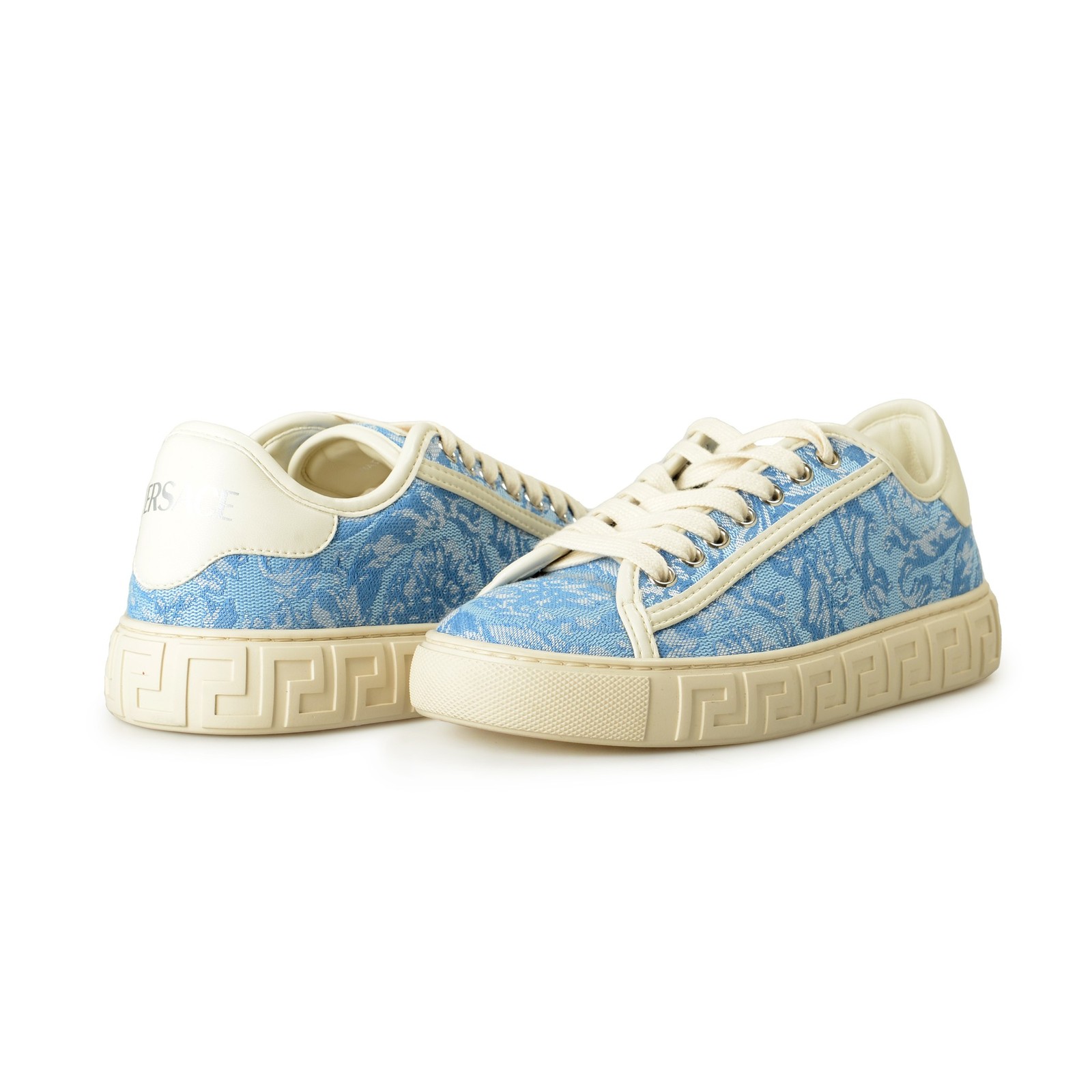 Versace Women’s Blue Floral Canvas & Leather Sneakers Shoes US 6 IT 36