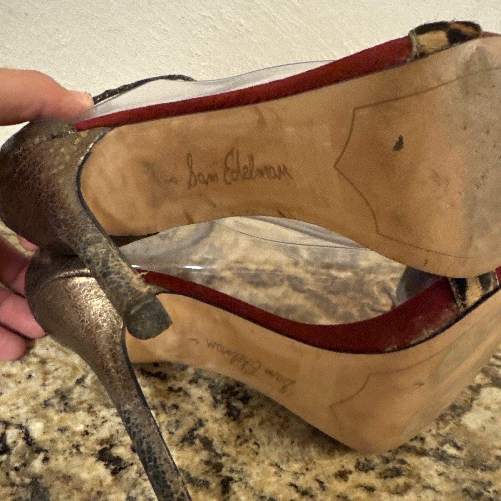 Sam Edelman Eleanor Animal Print Size 8 M Red Gold Ankle Strap Heels Shoes