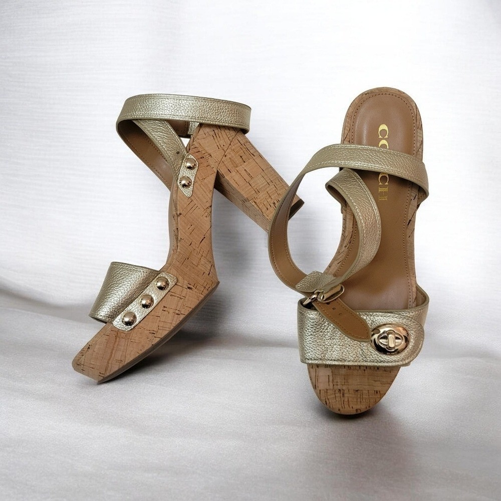 Coach Metallic Gold Leather Cork Sandals Turn-Lock Detail & Wrap Strap Boho Chic