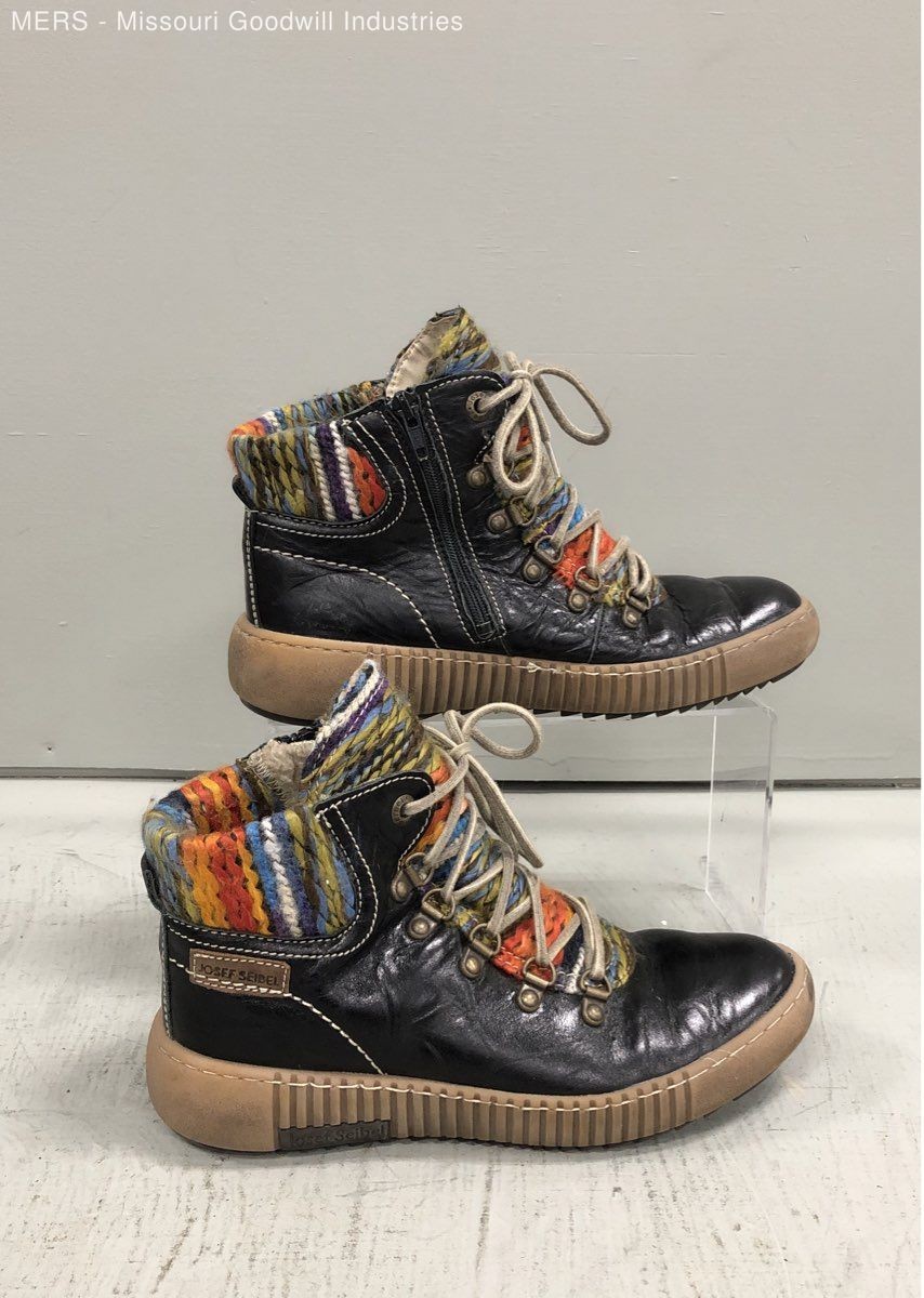 Josef Seibel Black Leather Knit Multi-Color High Top Women’s Boots EU 38 US 7.5