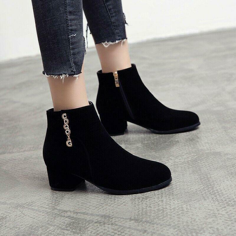 Womens Ankle Boots Round Toe Rhinestone Chunky Heel Side Zip Shoes 50/51/52 Hot