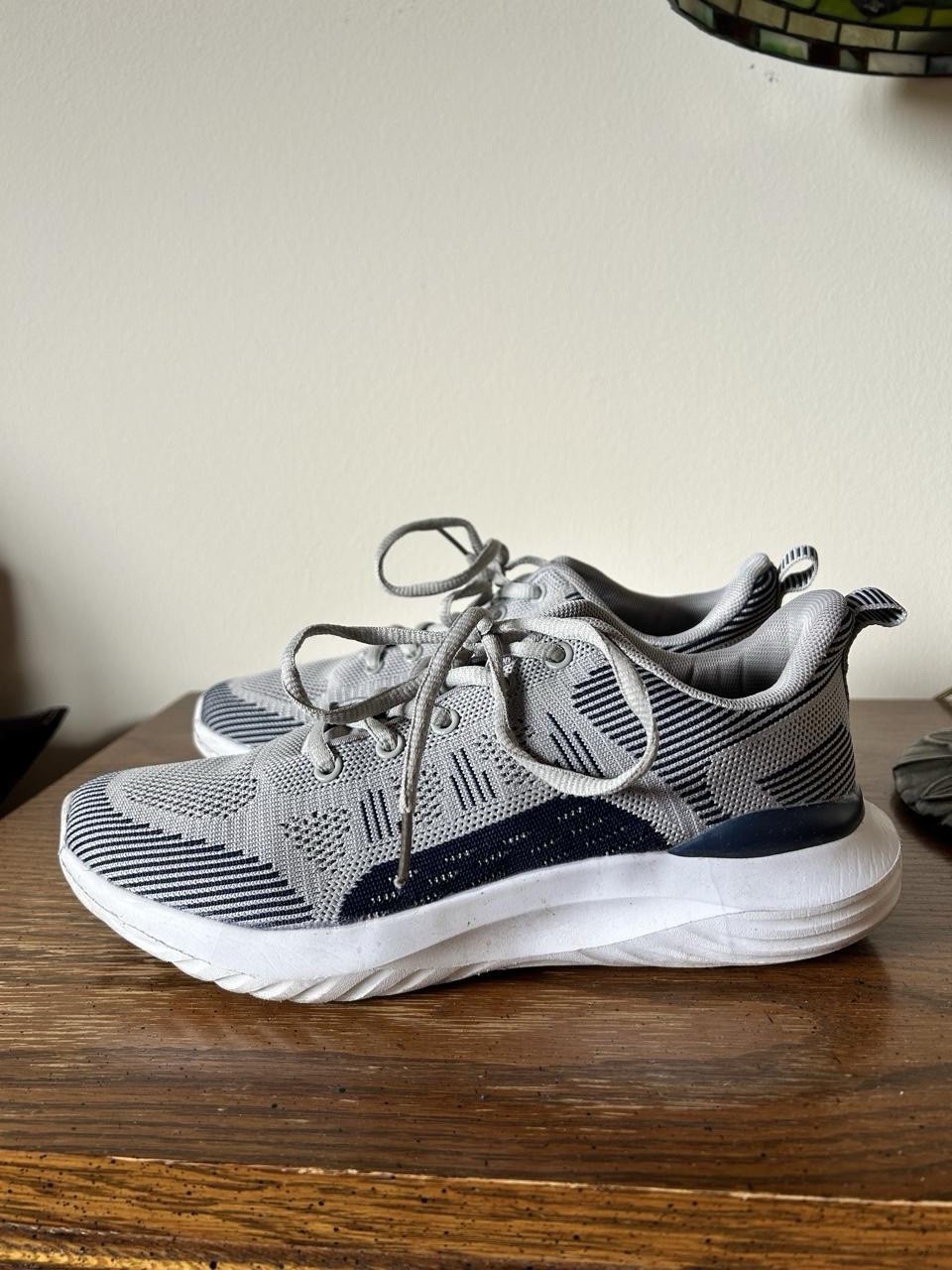Lifestyle striped sneakers in grey & blue. Cute for walking, casual, gym 8.5
