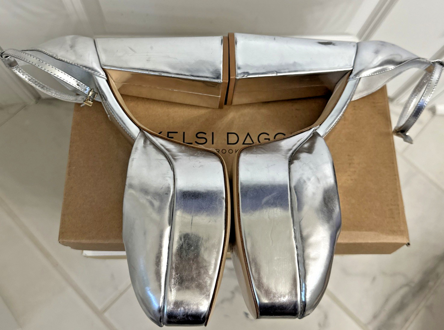 Larroudé Women Size 9.5 Ari Pump Platform Mary Jane Heels Silver Specchio Mirror