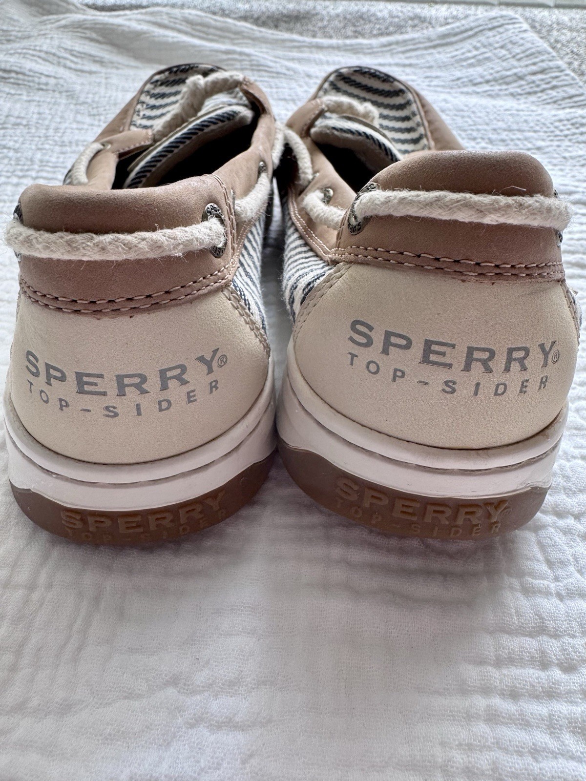 Sperry Top-Sider Striped Boat Shoe Canvas/Leather Tan Blue White 6.5M STS91406