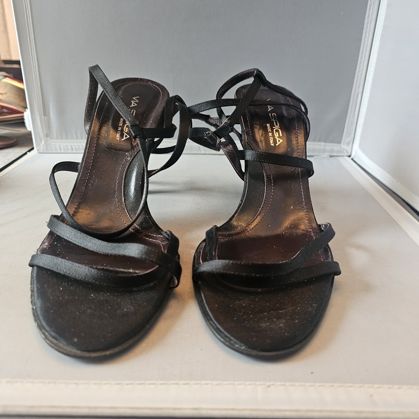 Via Spiga Womens Suede 3.75″ High Heels Black Size 11 M Open Toe with Straps