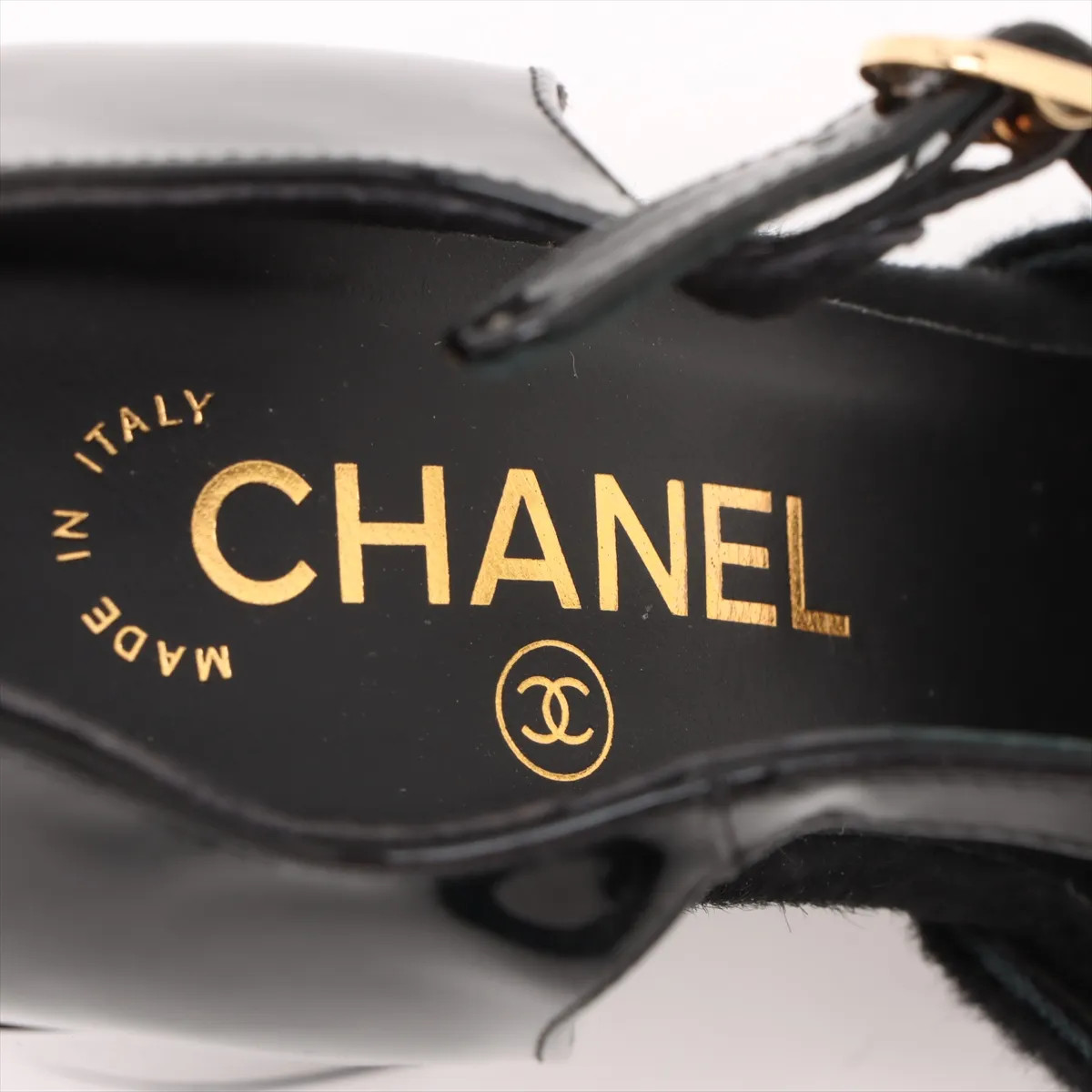 Chanel Coco Mark Chain Cowhide x Patent Leather Strap Pumps 38 Ladies’ Black Mar