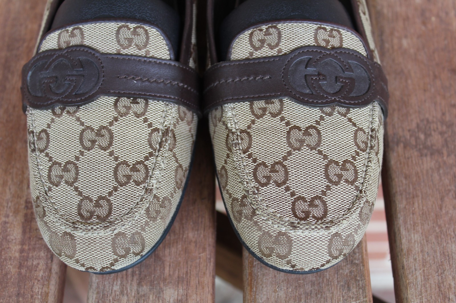 Gucci GG Canvas Loafers Flats Brown Leather Monogram Shoes Womens US 8 / G 38