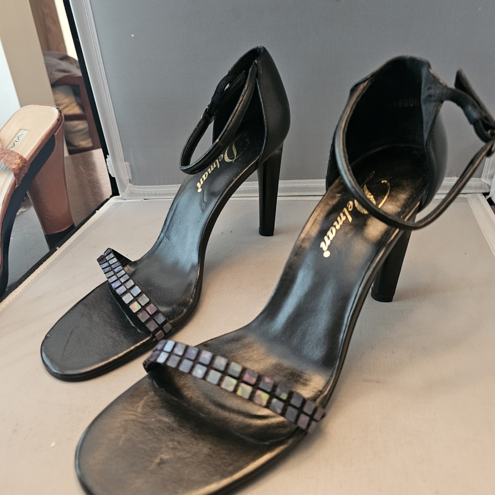 Delman Made in Spain Size 10.5 M Black Open Toe 4″ High Heels, See Pics for Cond
