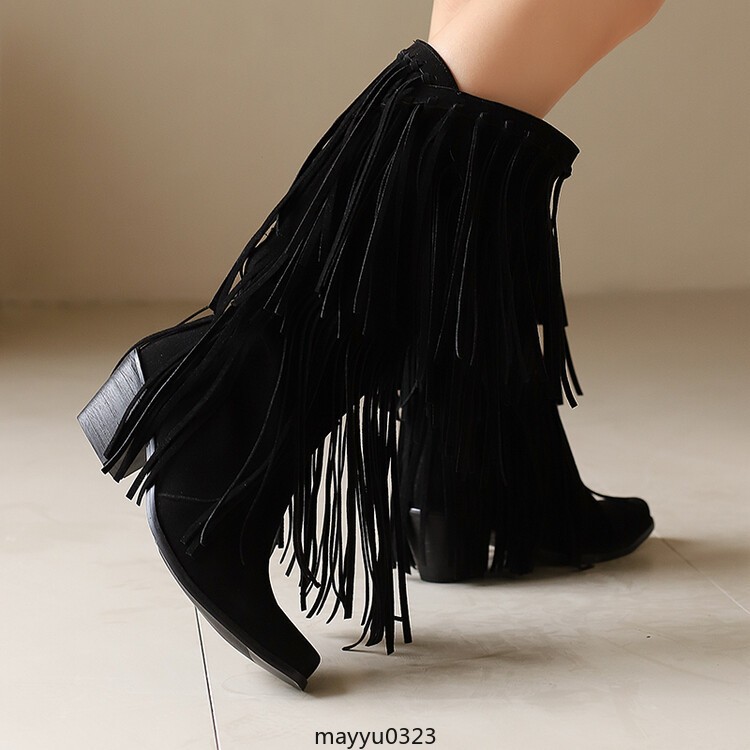 Womens Tassel Fringe Mid Calf Boots Mid Block Heel Western Cowgirl Shoes Hot