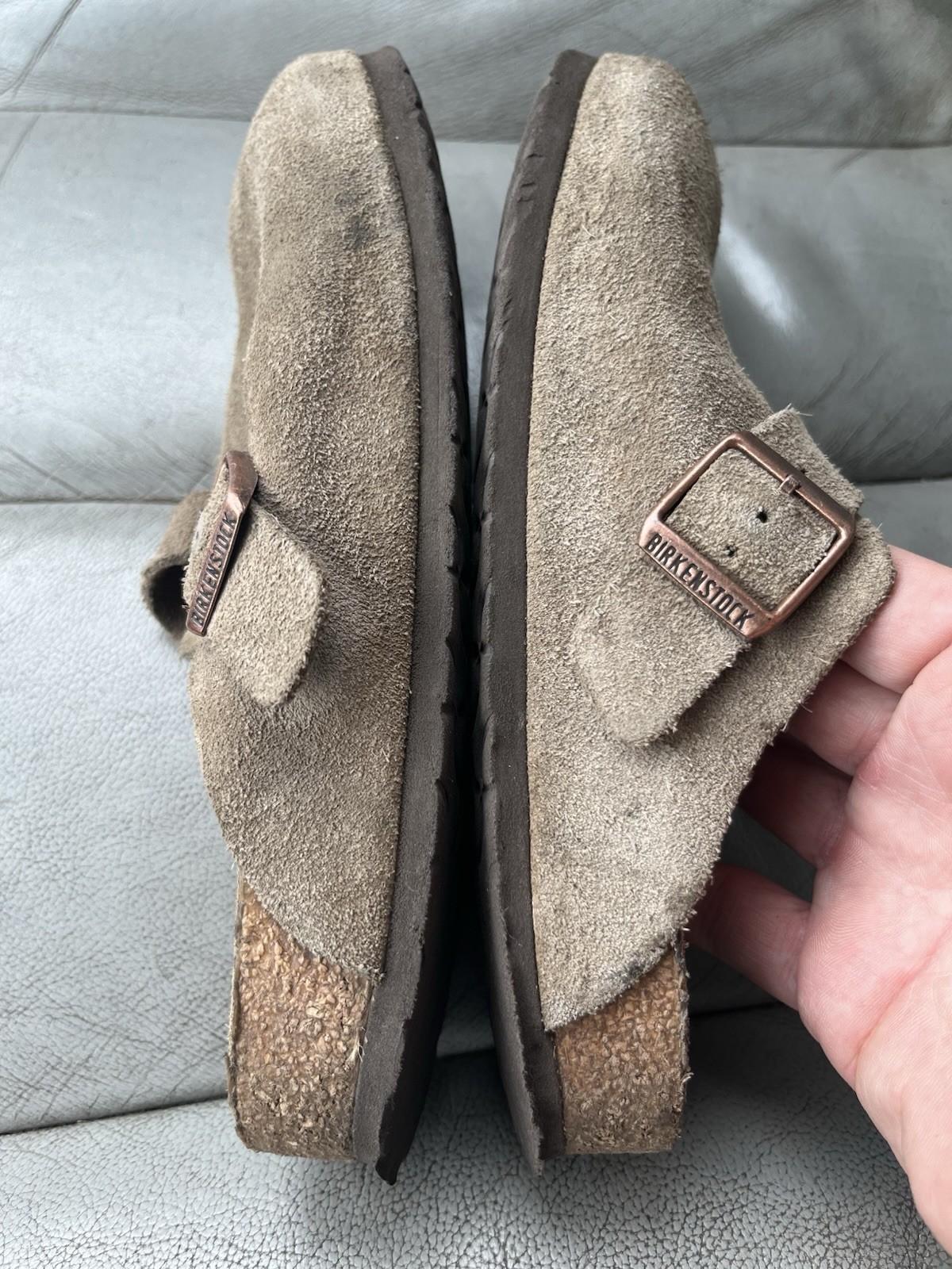 Women’s Birkenstock Boston taupe suede soft footbed buckle clogs size 10 R / 41`