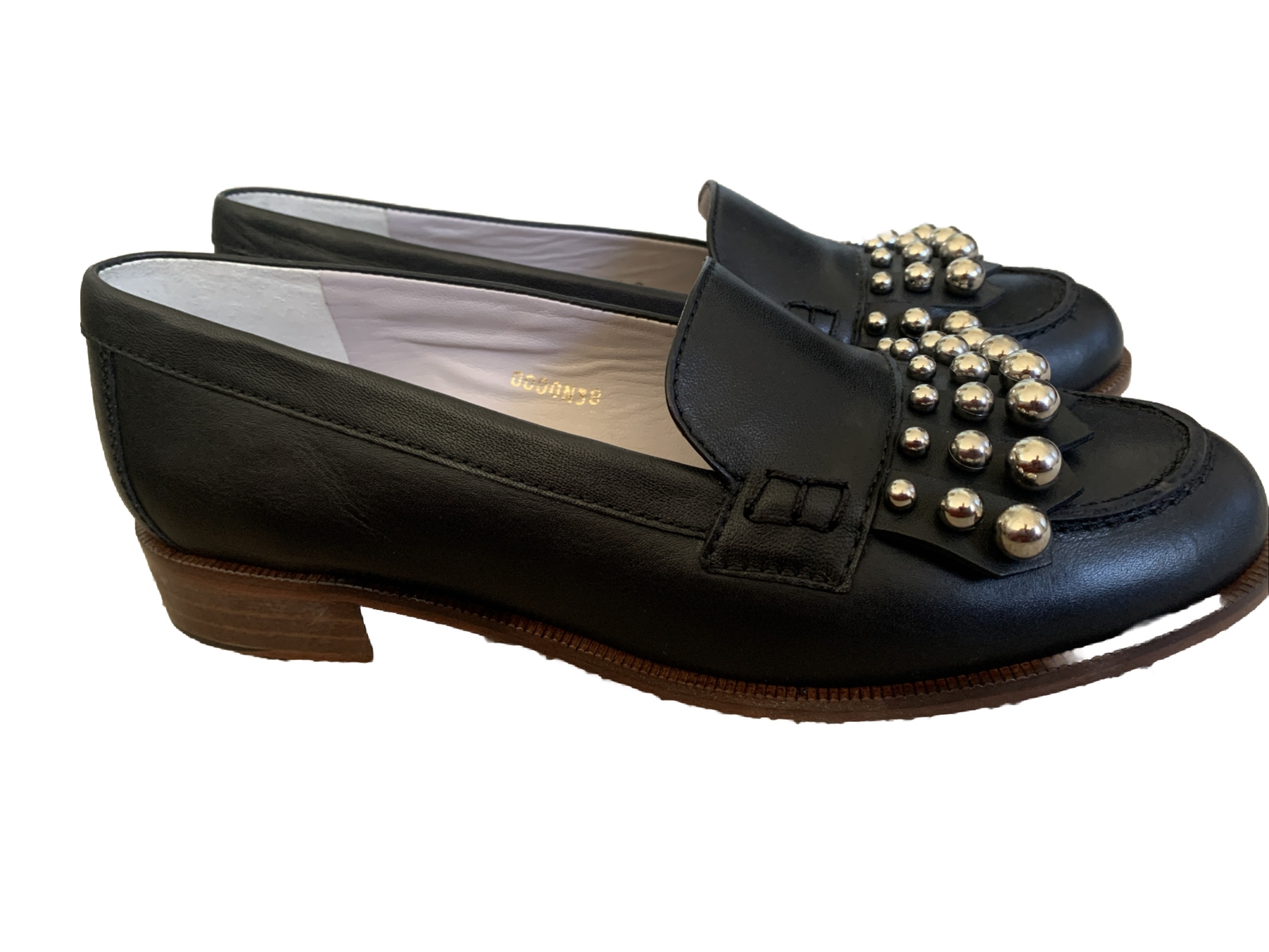 Avril Gau Black Leather Silver Beaded Tassel Penny Loafer Moccasin Size 38 US 8