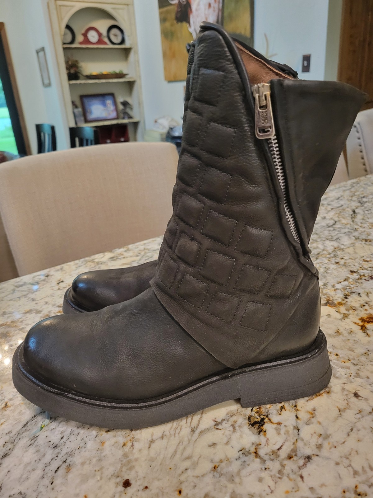 Women’s A.S.98 Neo Black Leather Quilted Biker Zip Mid-Calf Boots EU 38 US 8