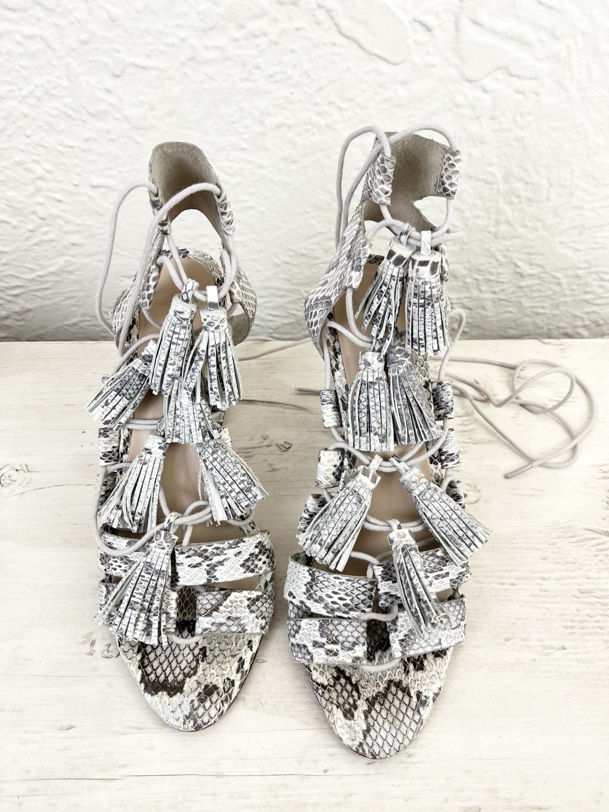 Loeffler Randall Heels Leather Cream Gray Snakeskin Snake Tassels size 7.5