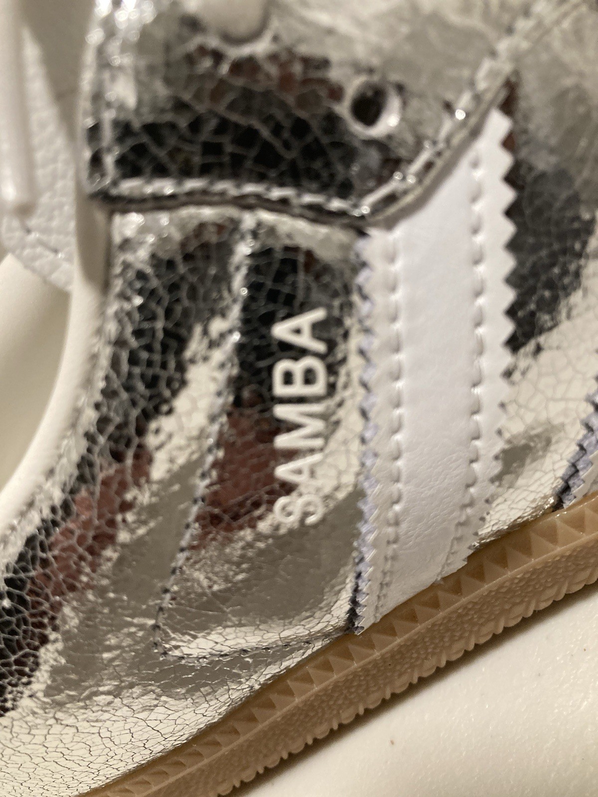 adidas Samba OG Silver Metallic/White Crackle Low Top Lace Up Leather JR0035