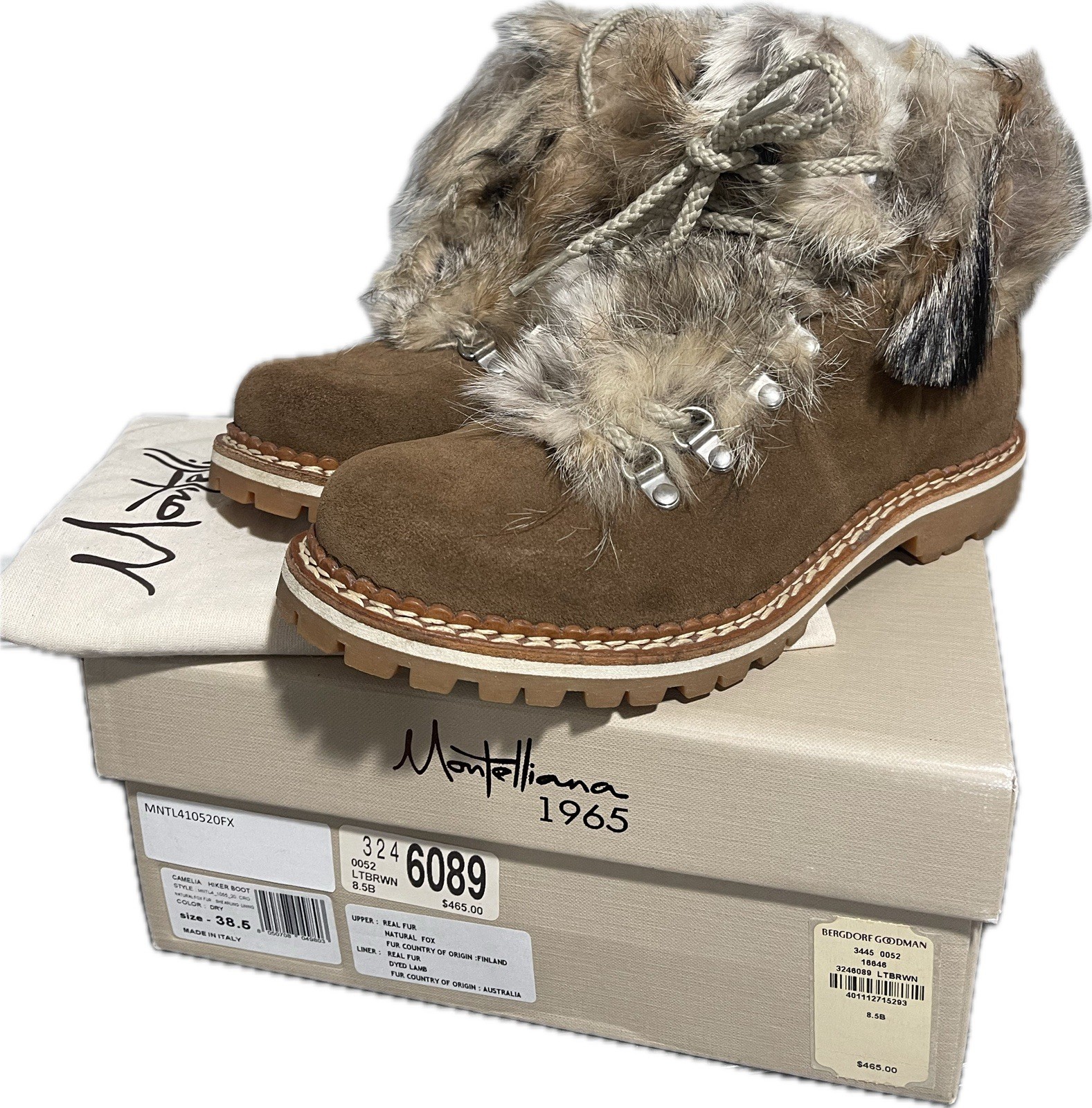 MONTELLIANA CAMELIA REAL FOX FUR SHEARLING HIKER BOOTS LT BROWN LEATHER 38.5 BOX