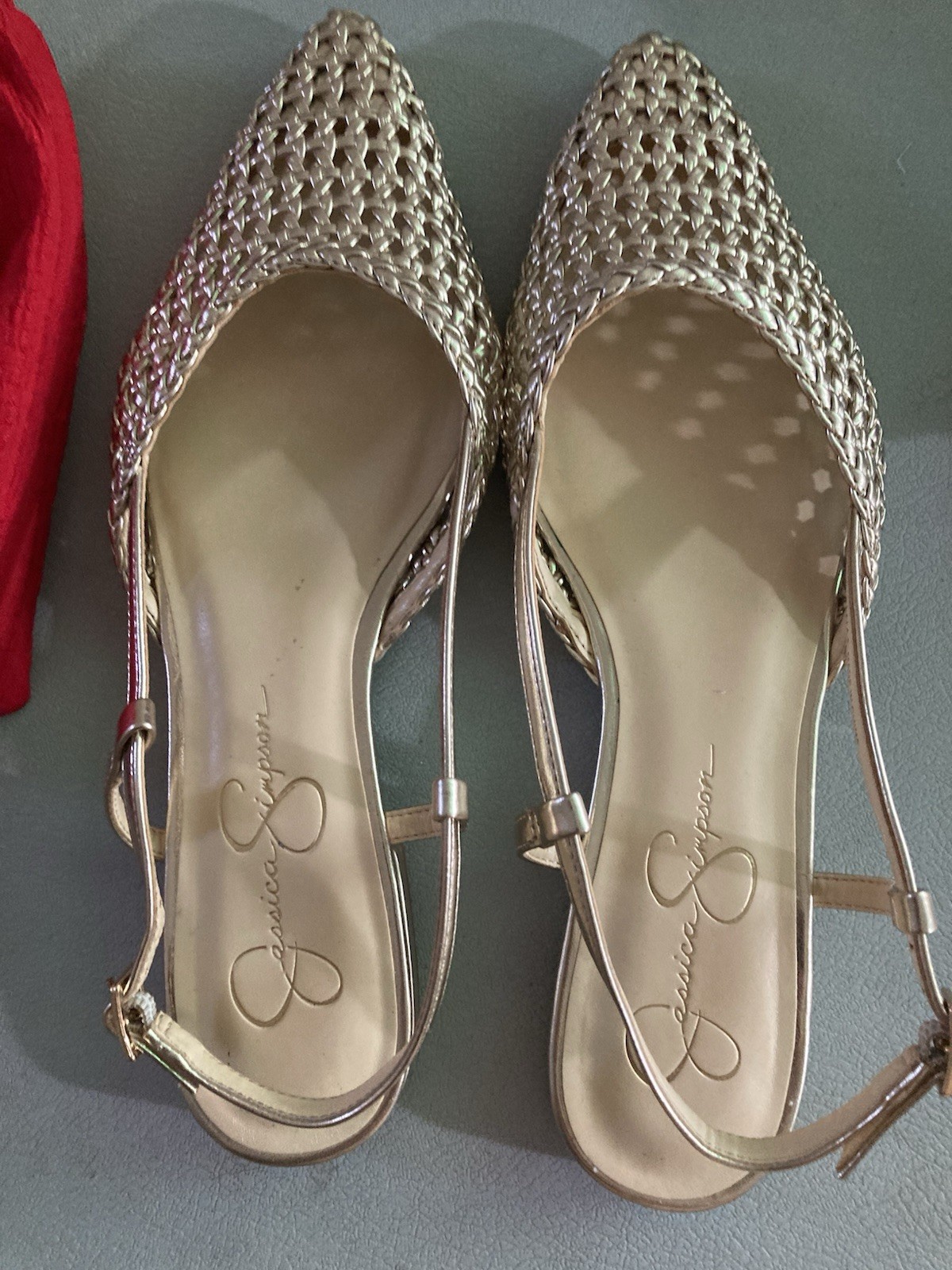 NEW JESSICA SIMPSON Gold Woven Pointed-Toe Slingback Heels Women’s Size 9.5M