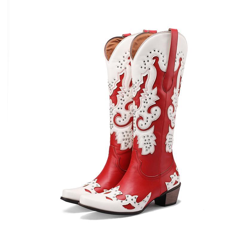 Women’s Mid Calf Boot Wide Western Cowboy Shoes Embroidery Color Blocks Two Tone