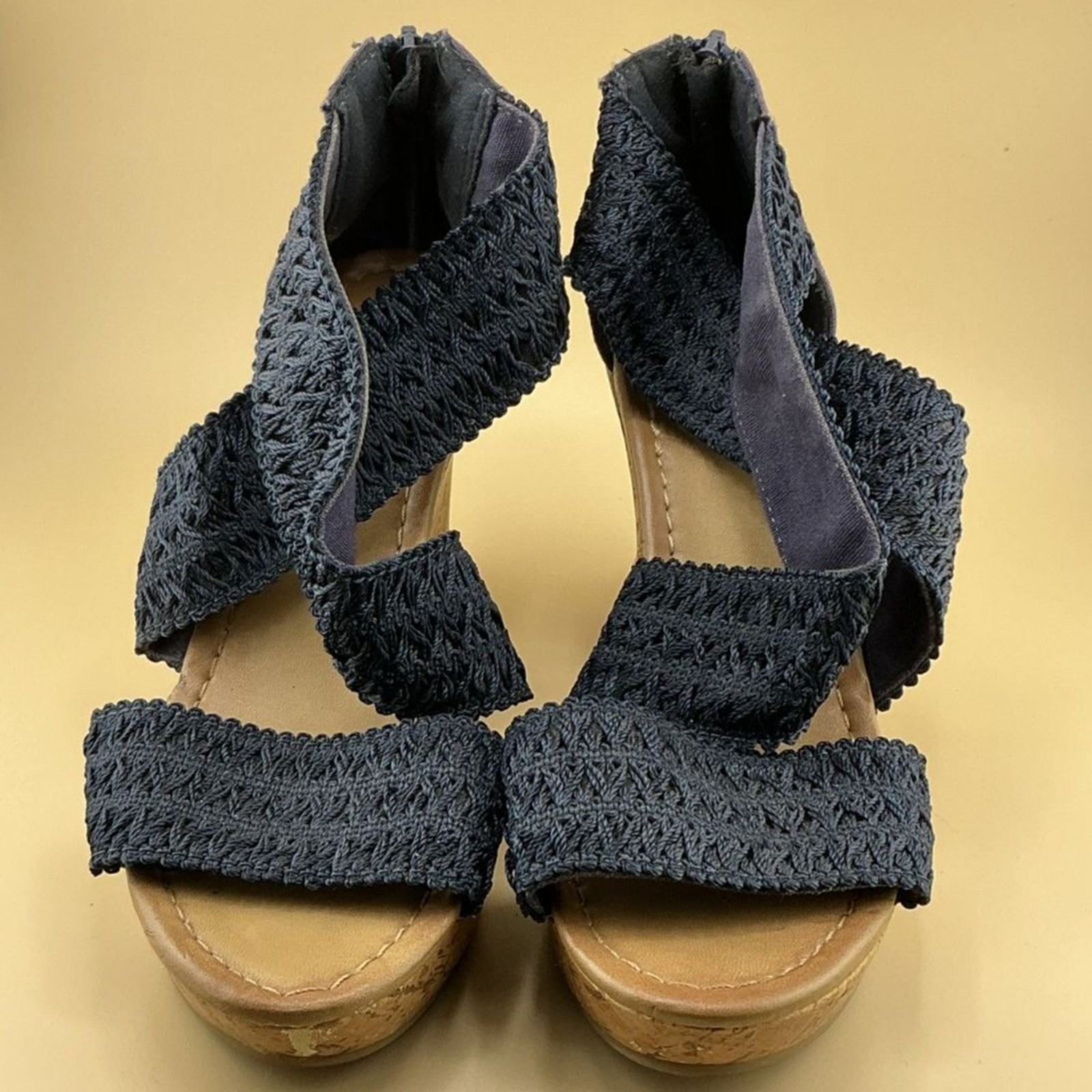 Dept 222 Women’s Size 7 Vegan Navy Blue Stretch Wedge Sandals Cork Heel Back Zip