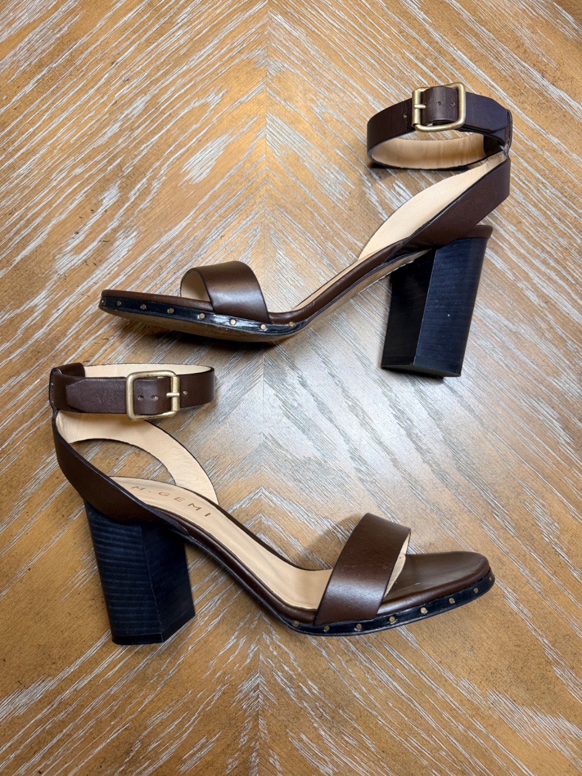 M.Gemi The Lume Brown Leather Studded Ankle Strap Block Heel Sandals Size 36.5/6