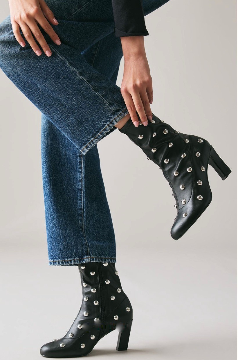 Anthropologie Maeve Studded Stretch Ankle Boots Black Silver Studs 37/ 6-6.5 NIB