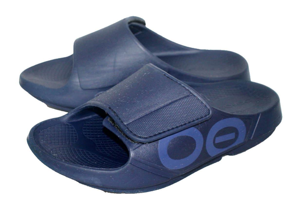 OOFOS OOahh Sport Flex Slide Sandal Men 6 Women 8 Navy Blue Adjustable Vamp