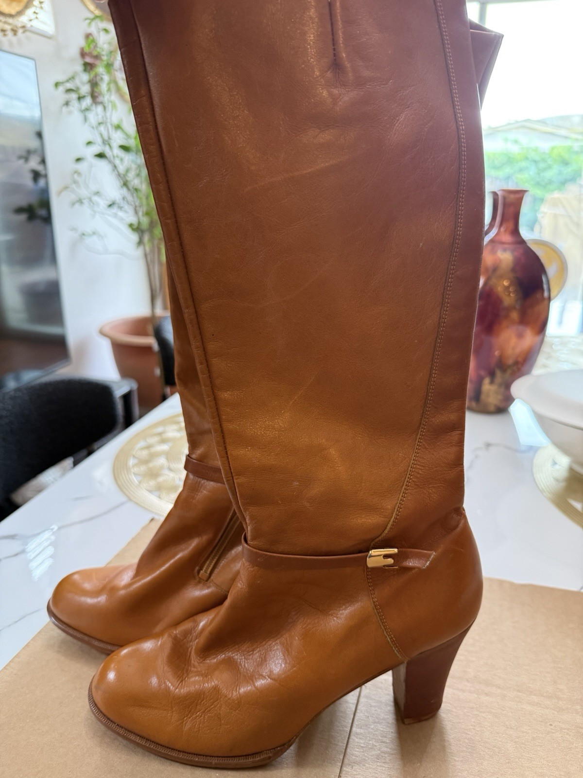 Weltschu Women’s Brown Leather Knee High Riding Boots Zip US 7.5