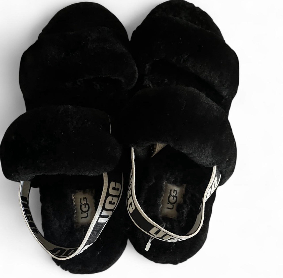 UGG Oh Yeah Women’s Black Sheepskin Shearling Slide Slippers Logo Strap US 8