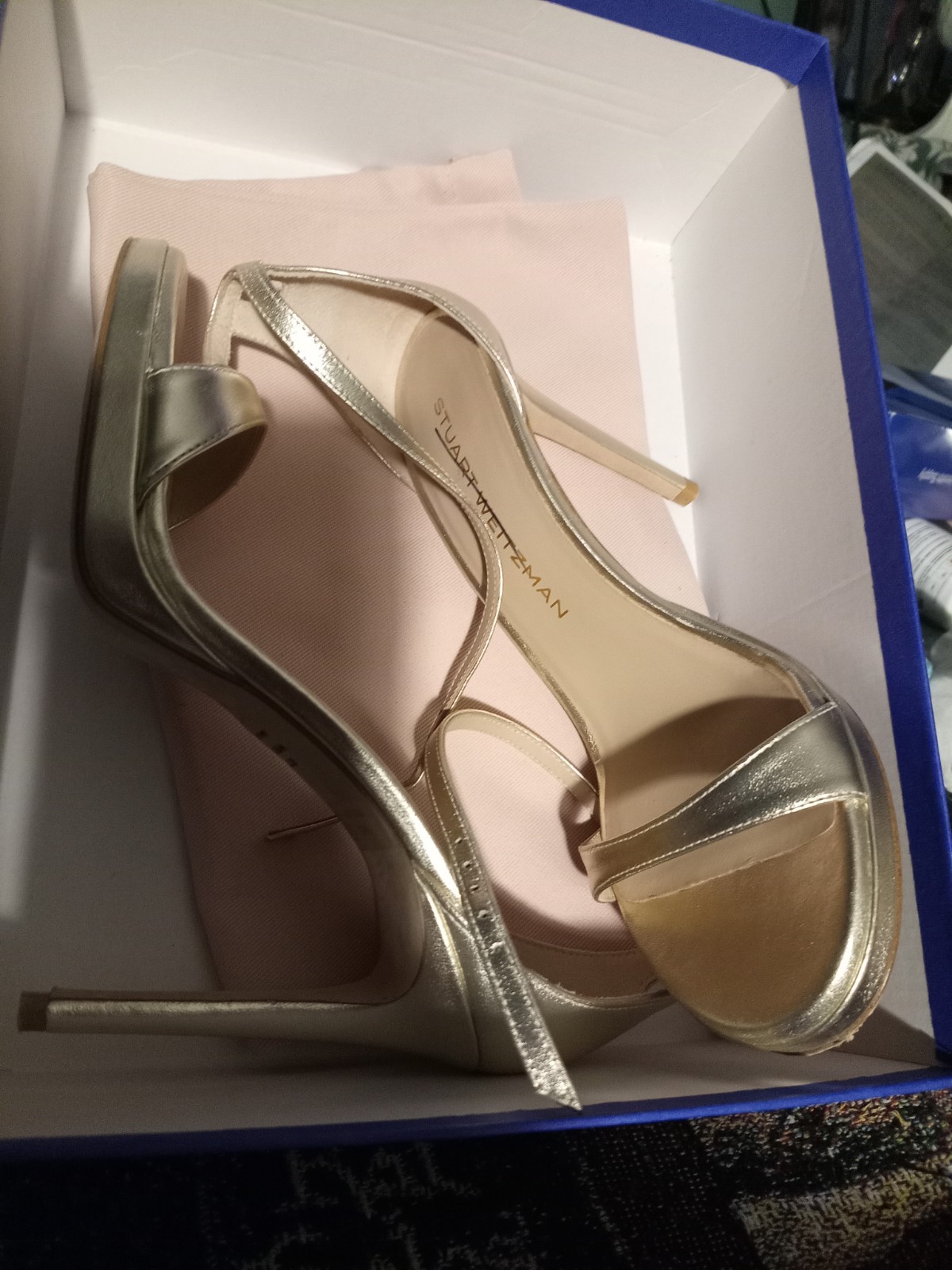Stuart Weitzman Gold Leather Strappy Open Toe Ankle Strap Buckle Heel 8B