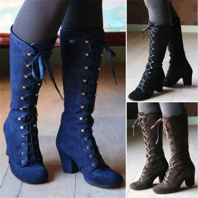 Retro Block Heels Womens Knee High Boots Steampunk Gothic Shoes Lace Up Booties