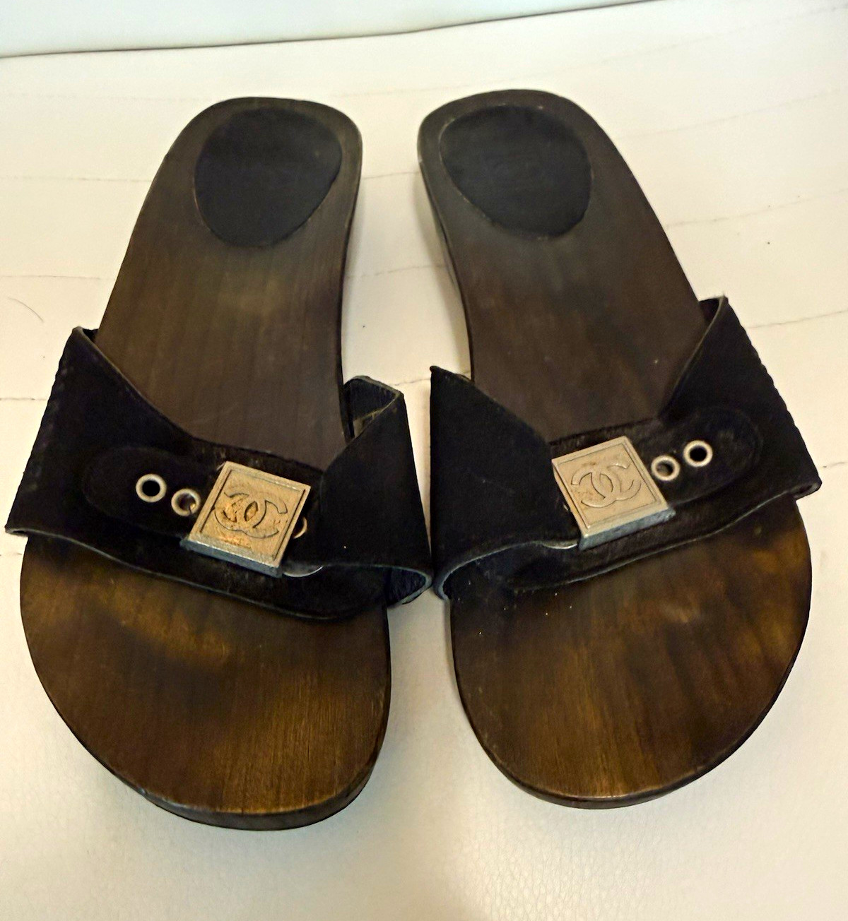 CHANEL Women’s Black Suede Wood Slide Sandals Logo EU 37 US 6.5 Dr Scholls
