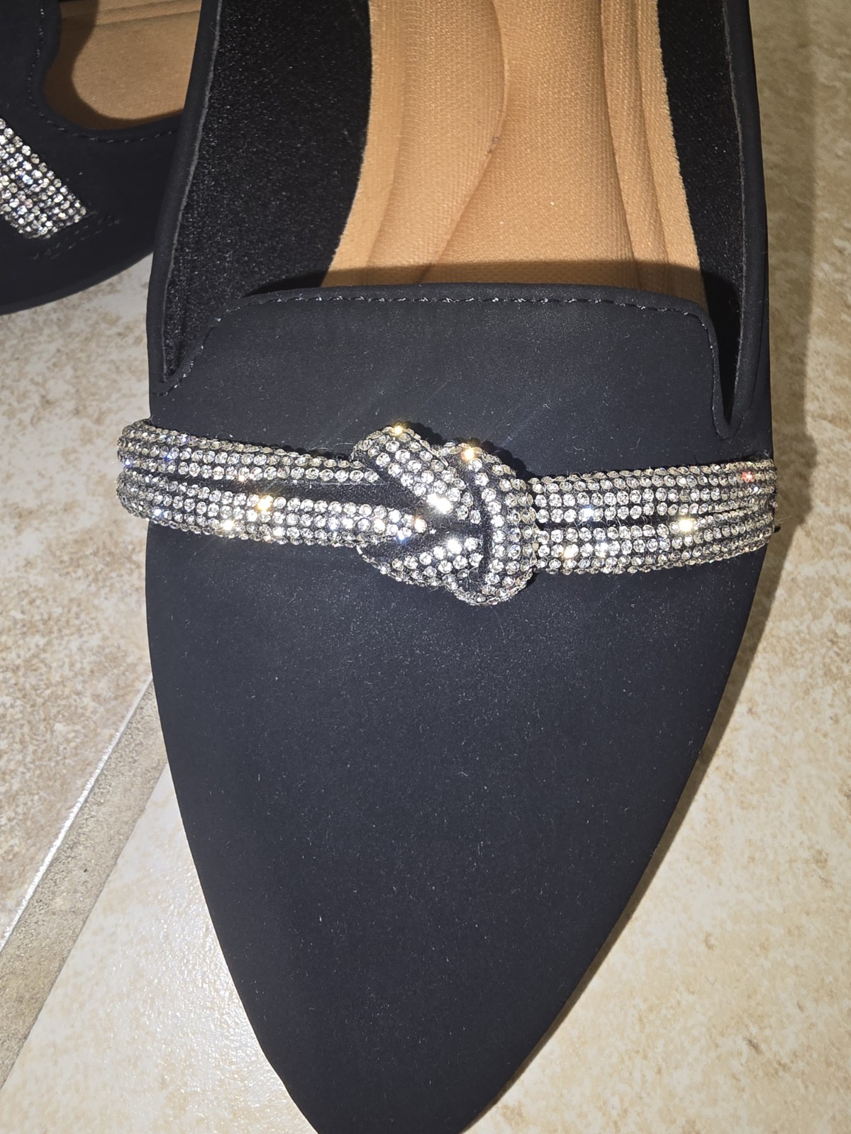 TOP MODA Women’s Black Rhinestone Knot Slip-On Pointed Toe Flats 9 Faux Suede