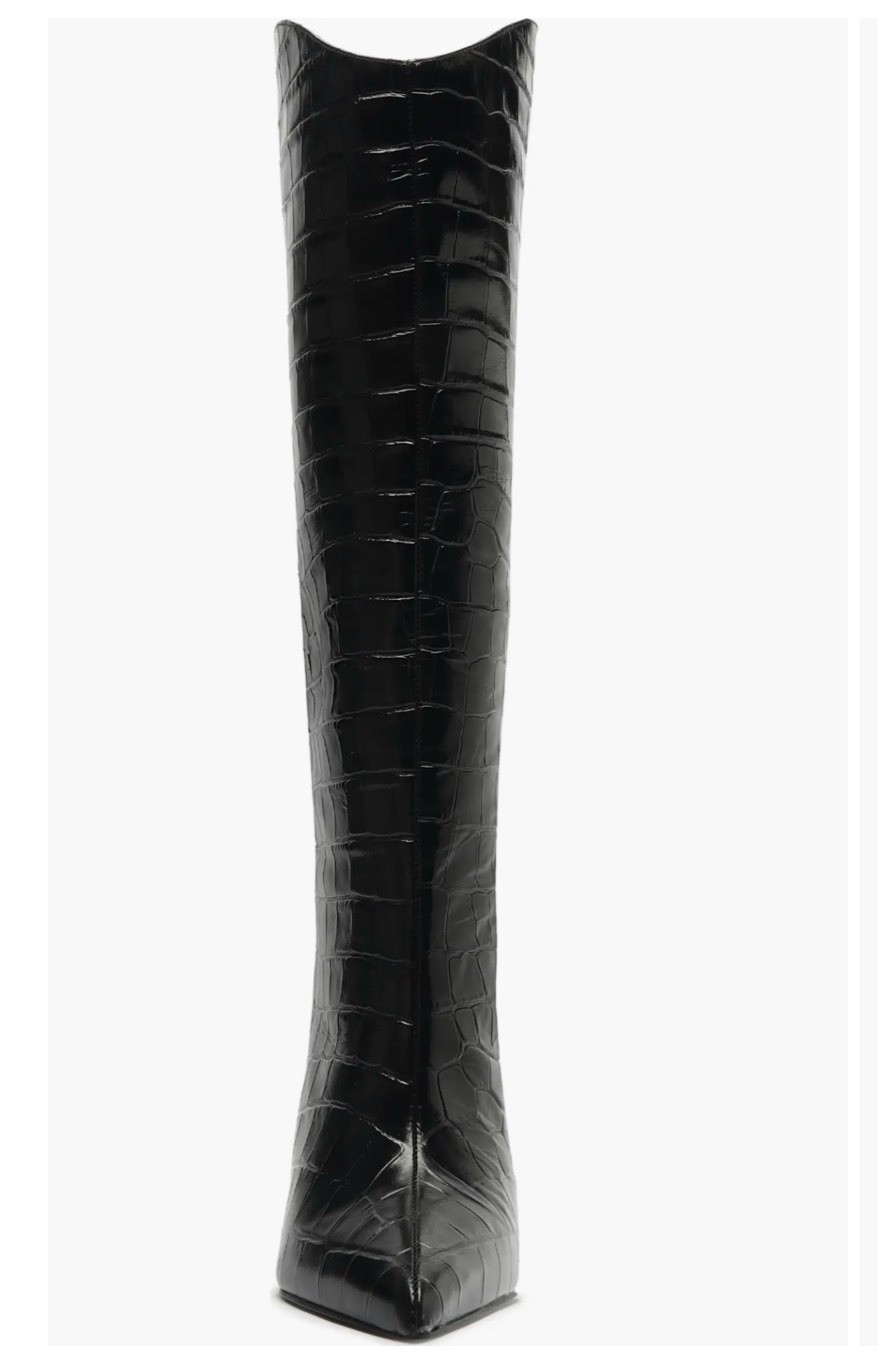 Schutz Maryana Black Croc Embossed Leather Boots Women’s Size 8.5 Block Heel
