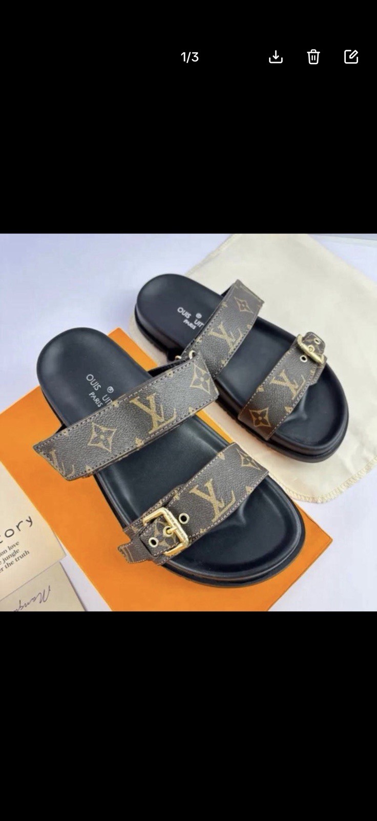 Women’s Brown/Black Monogram Slide Sandals Double Strap Buckle Flat Logo 10