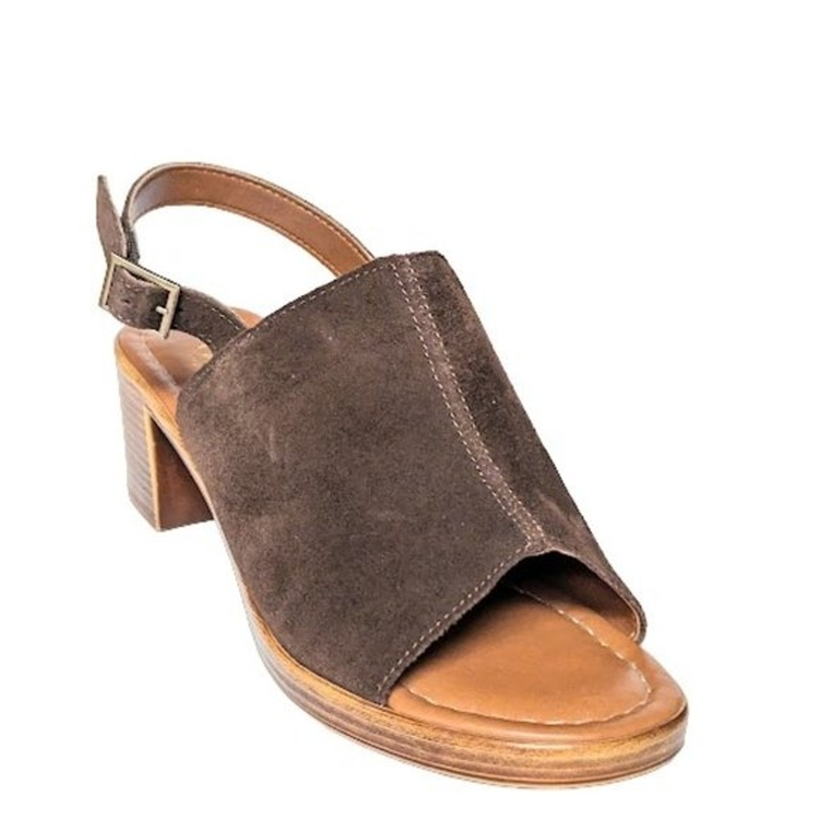 Mariella Womens Brown Suede Leather Made in Italy Block Heel Buckle Strap Sandal