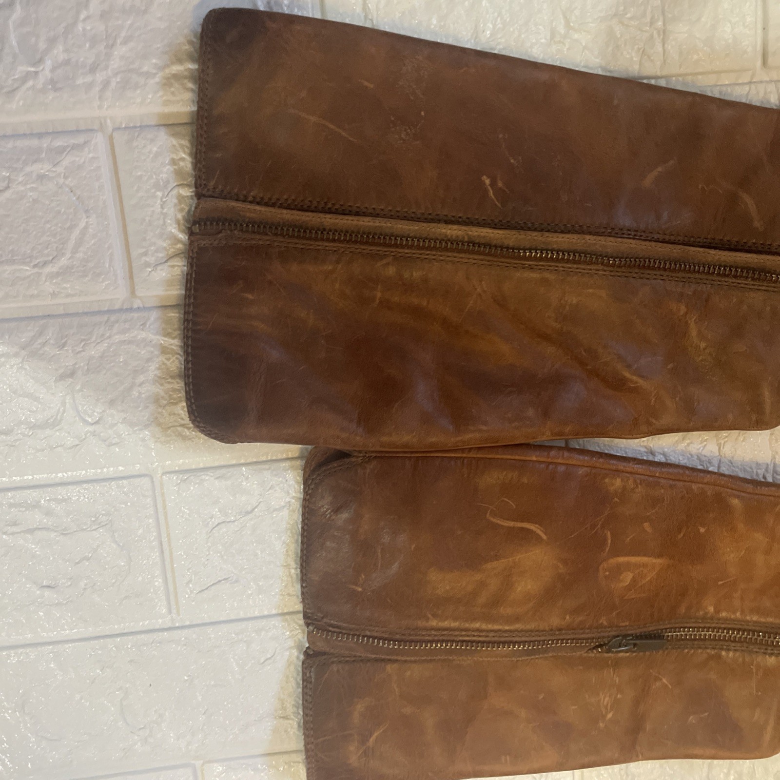 Frye Tall Boots Tag Says 8 FIT 7 1/2 Brown Cognac Zipper Wedge READ DESCRIPTION