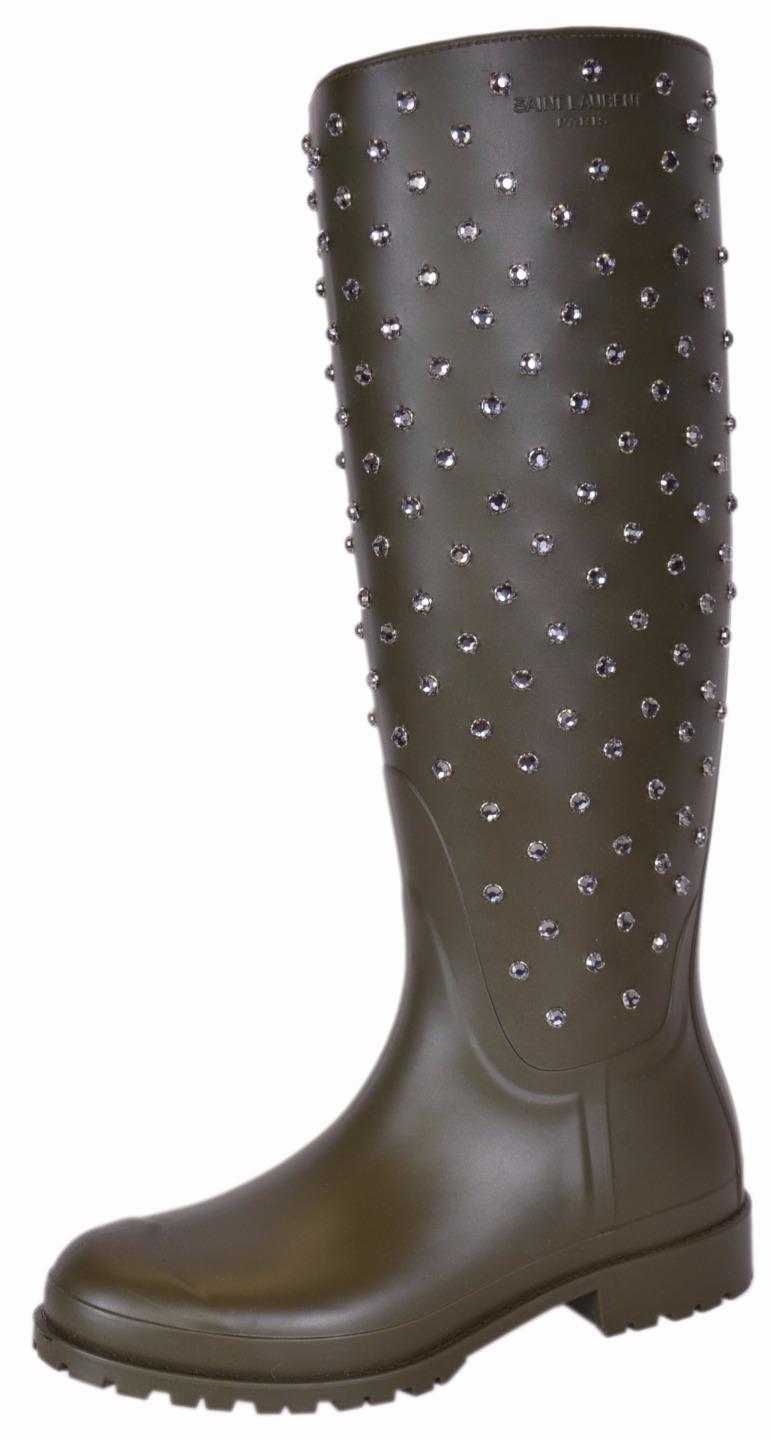 NEW YSL Yves Saint Laurent Green Crystal Studded Tall Rubber Rain Boots Shoes