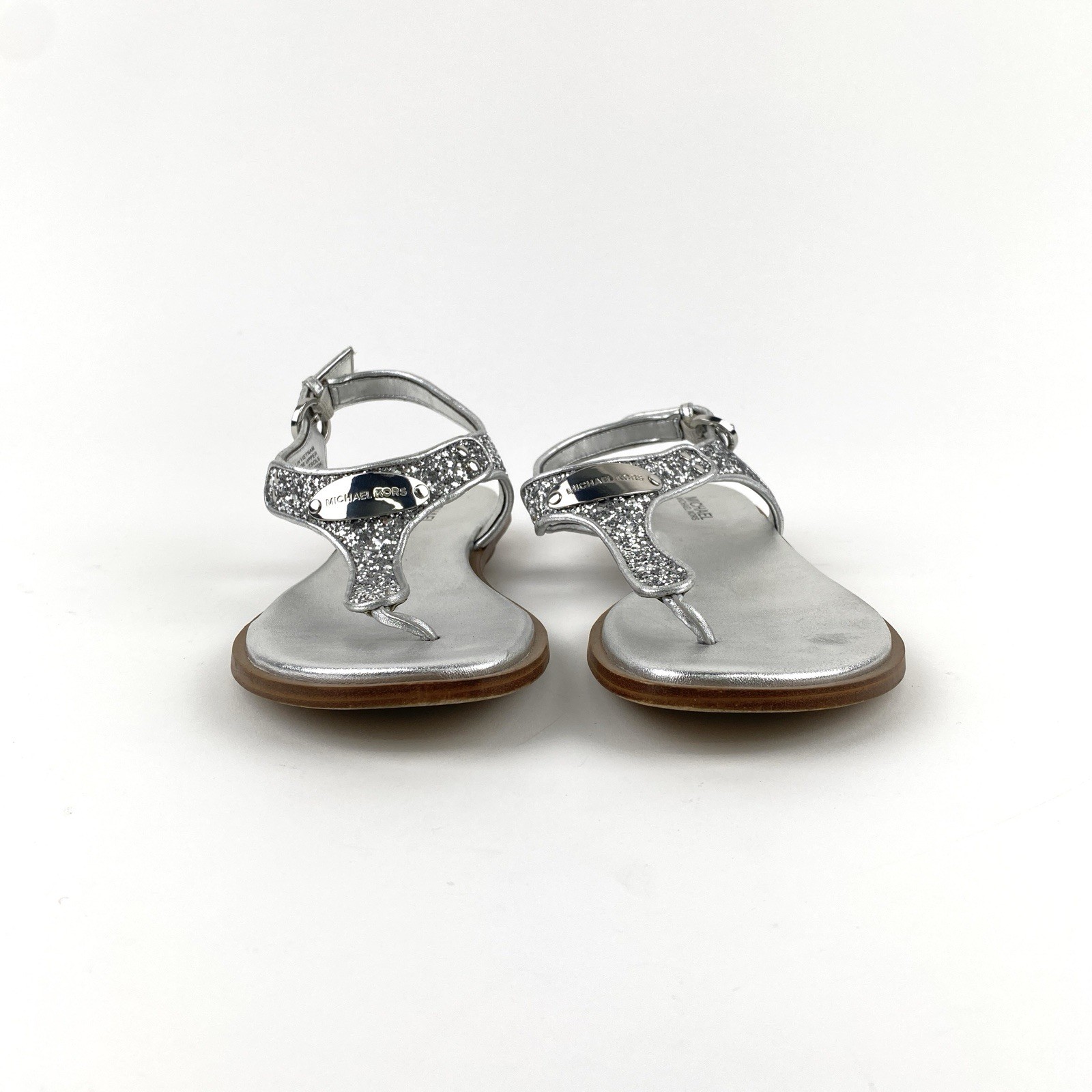 Michael Kors MK Plate Silver Glitter Thong Ankle Strap Sandals Women’s Size 6.5M