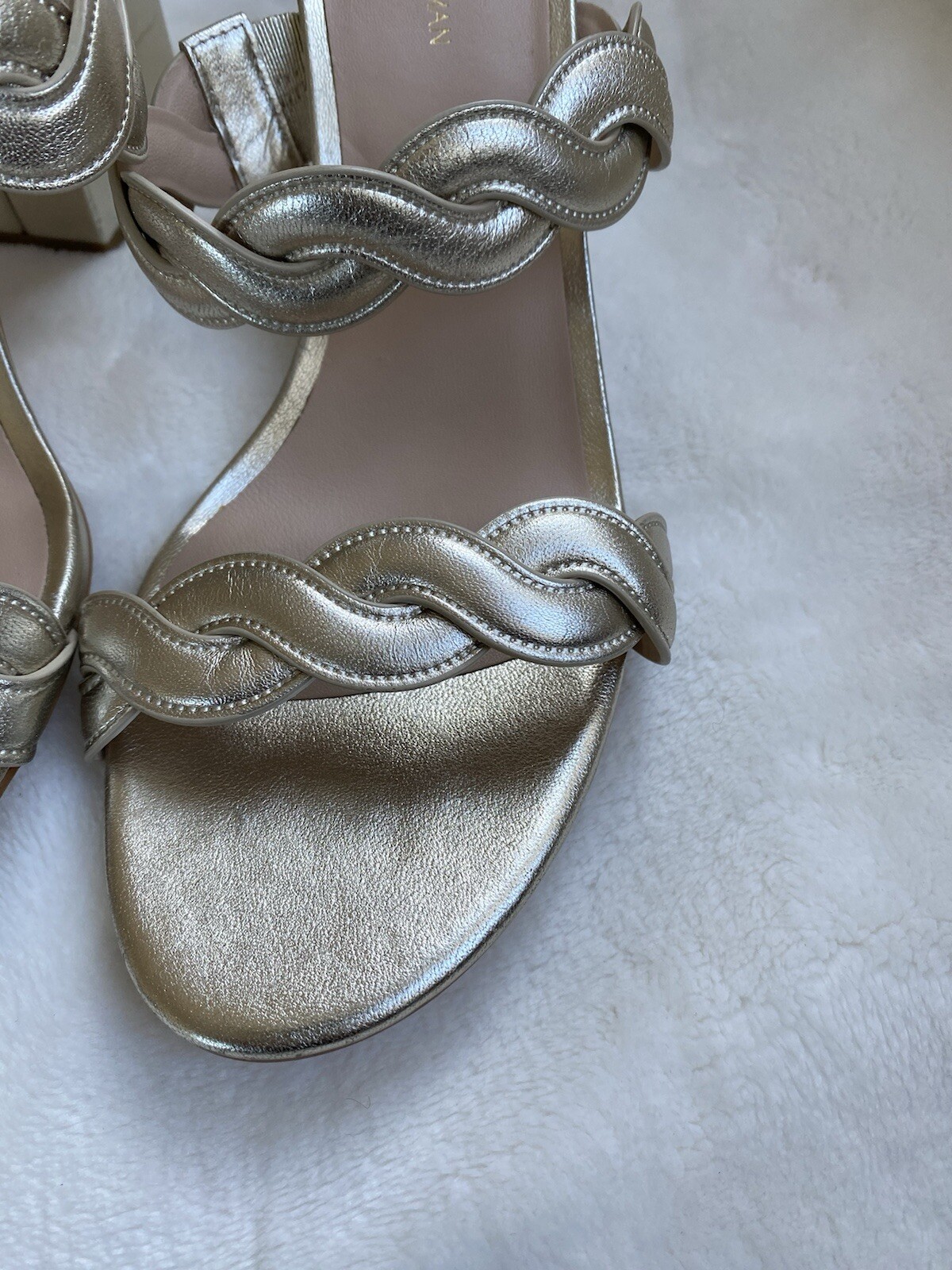 NEW$475 STUART WEITZMAN Twistie Block 75 Metallic Mule Platinum US9/UK6.5/EU39.5