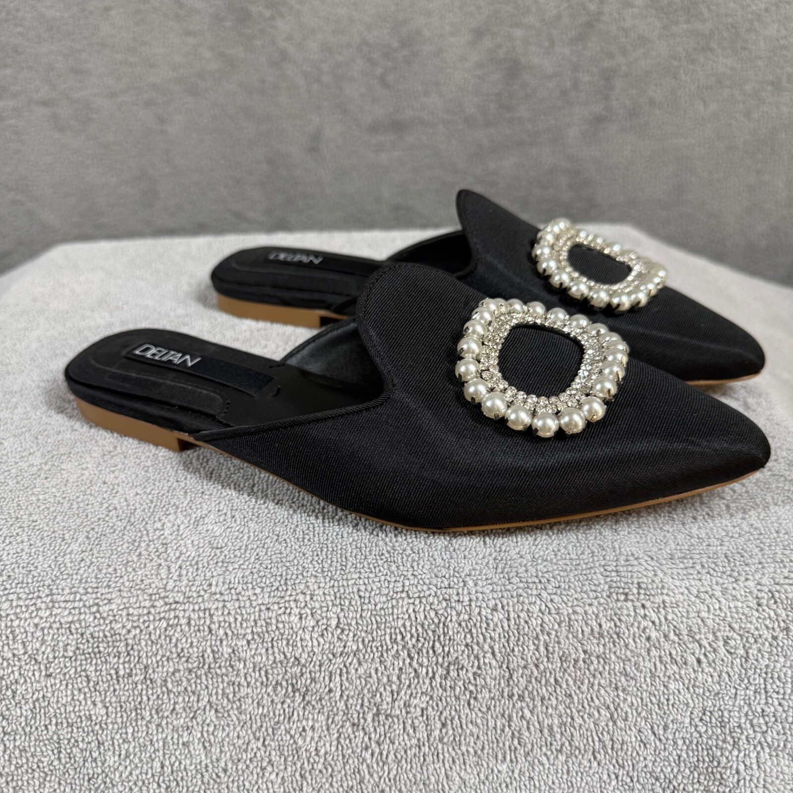 DELTAN Luna Pearl Rhinestone Grosgrain Mules Black Pointed Toe Flats 6.5