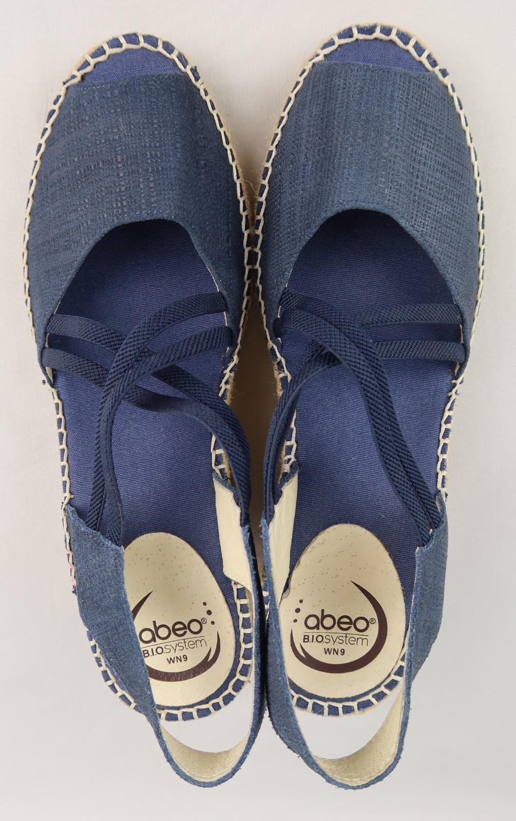 ABEO Delano Espadrille Wedge Peep Toe Sandal Sz 9 Neutral Navy Blue