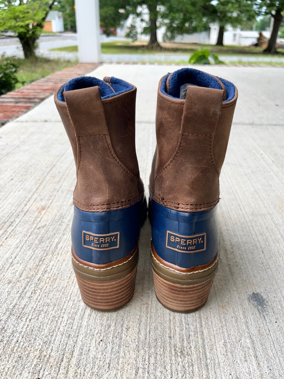 Sperry Saltwater Heeled Duck Boots Women’s Size 6 Brown/Navy STS85479 EUC