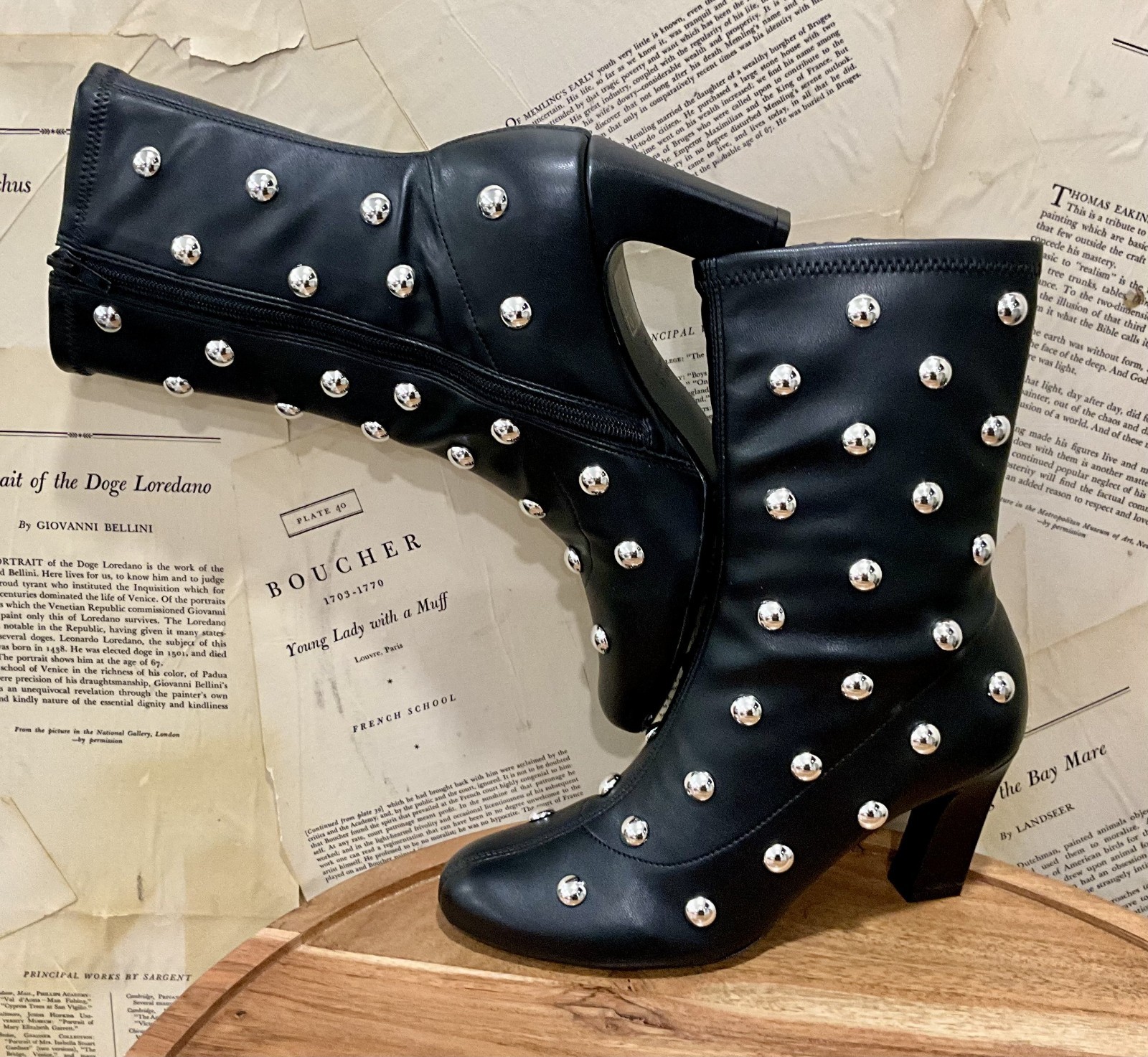 Anthropologie Maeve Studded Stretch Ankle Boots Black Silver Studs 37/ 6-6.5 NIB