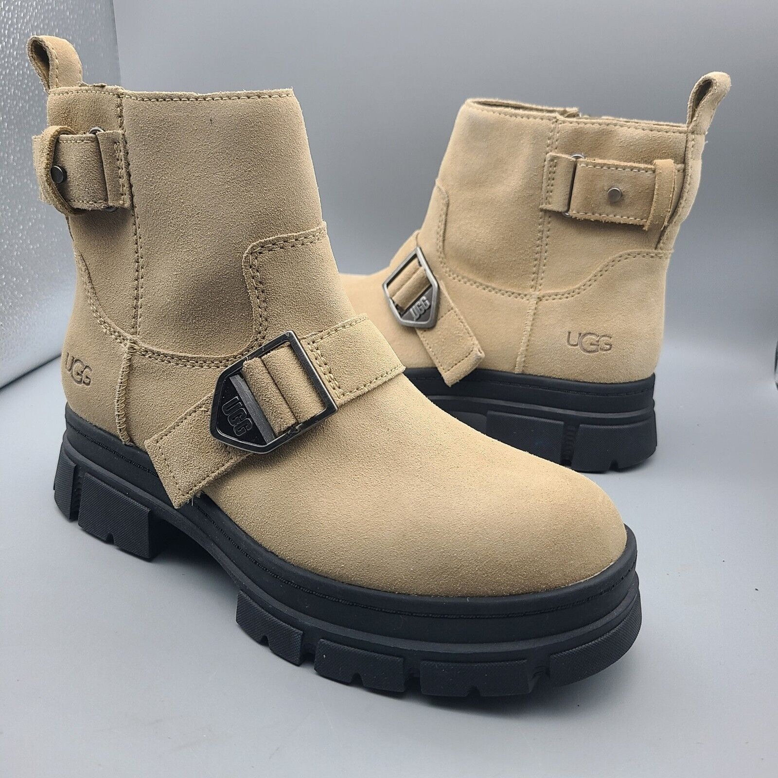 Ugg Ashton Boots Ankle Straps Buckle Zip Rugged Sand Suede Women Sz 8 39 New