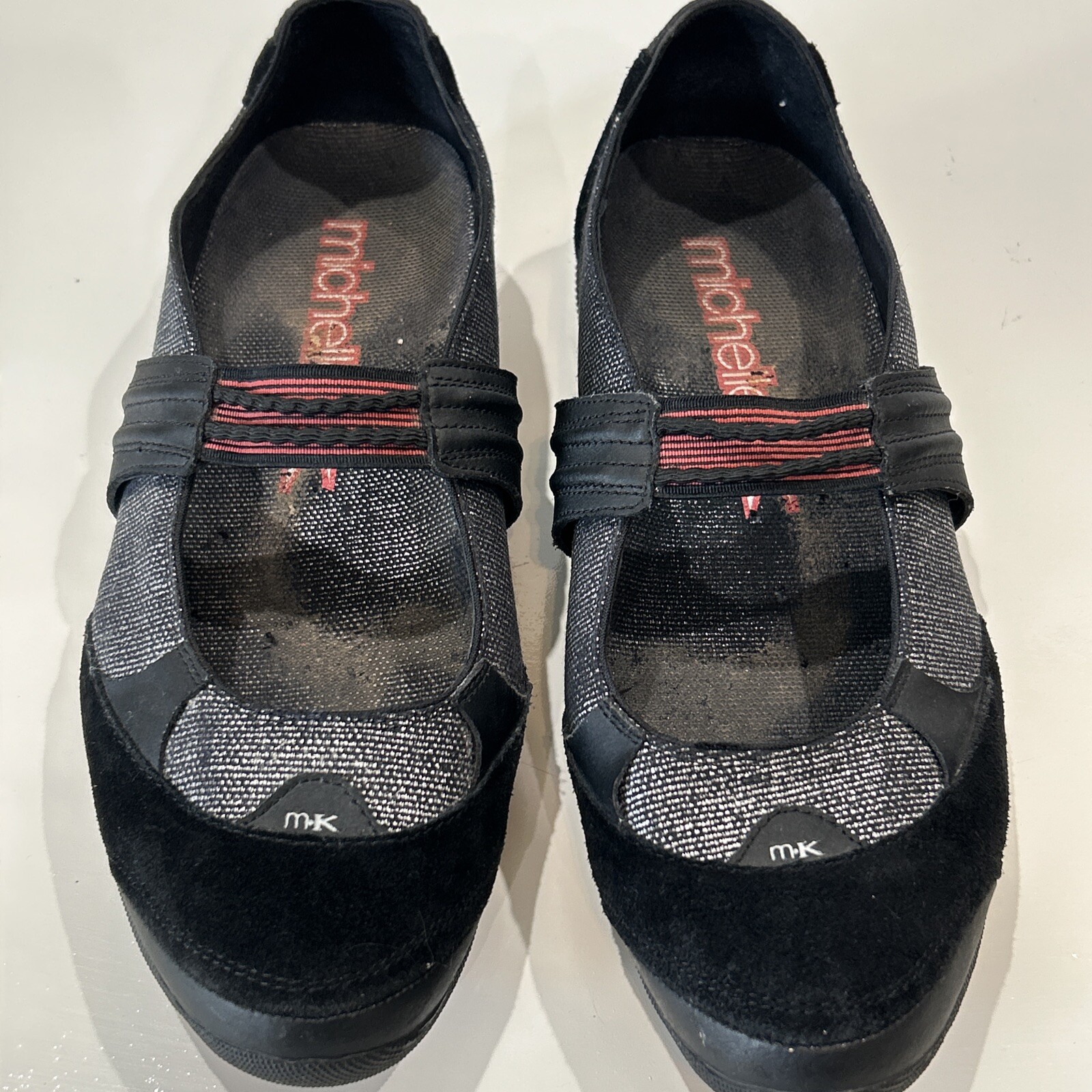 Michelle K Black Suede & Metallic Gray Textile Flat Slip On Shoes Women’s 7.5