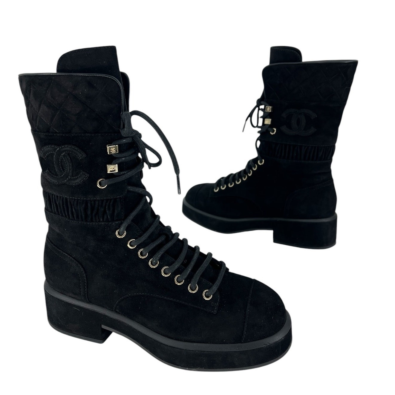 Chanel CC Suede Quilted Lace Up Combat Cap Toe Boots in Black Size 37.5