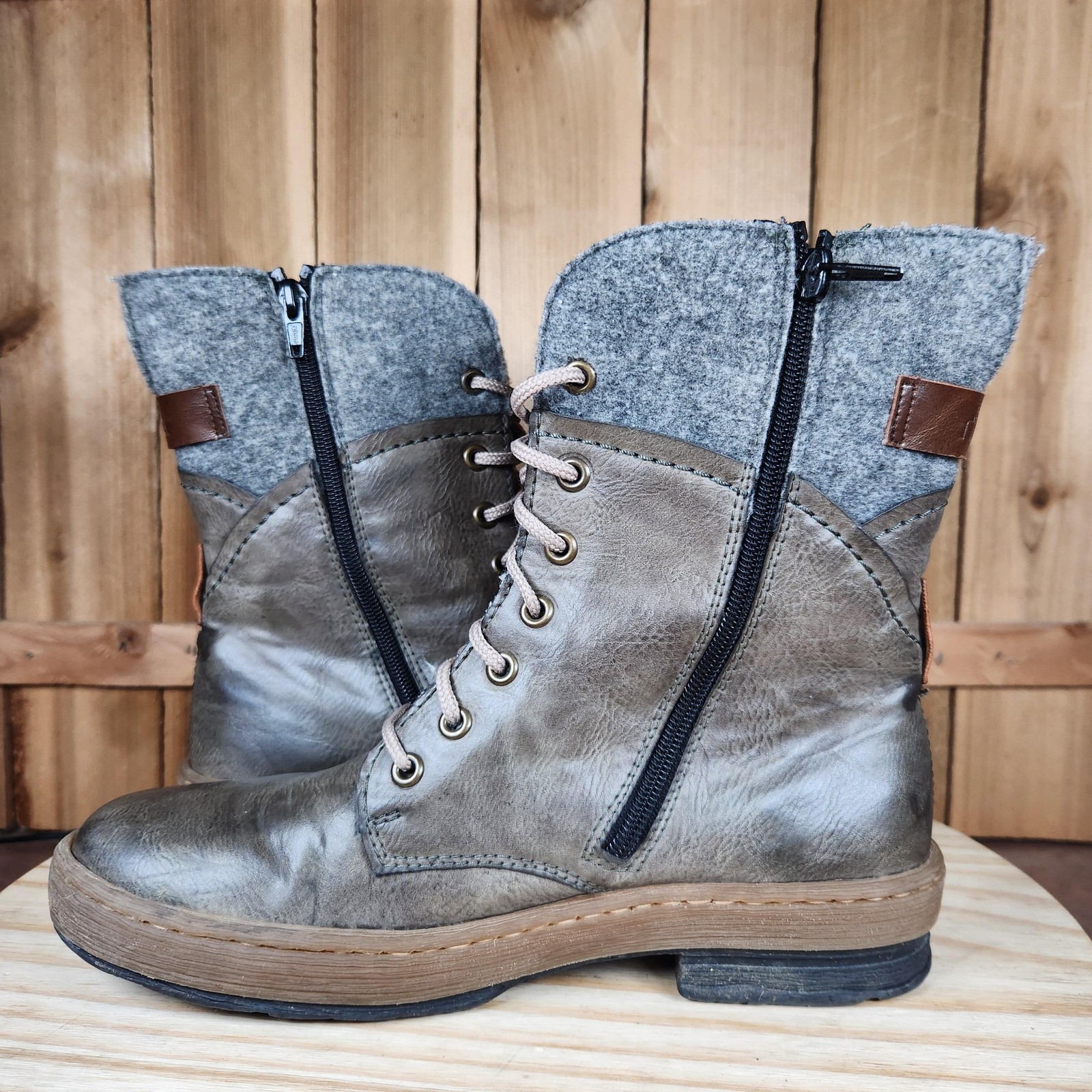 Rieker Felicitas Boots Womens 8.5 39 Gray Mid Calf Lace Up Side Zip Winter
