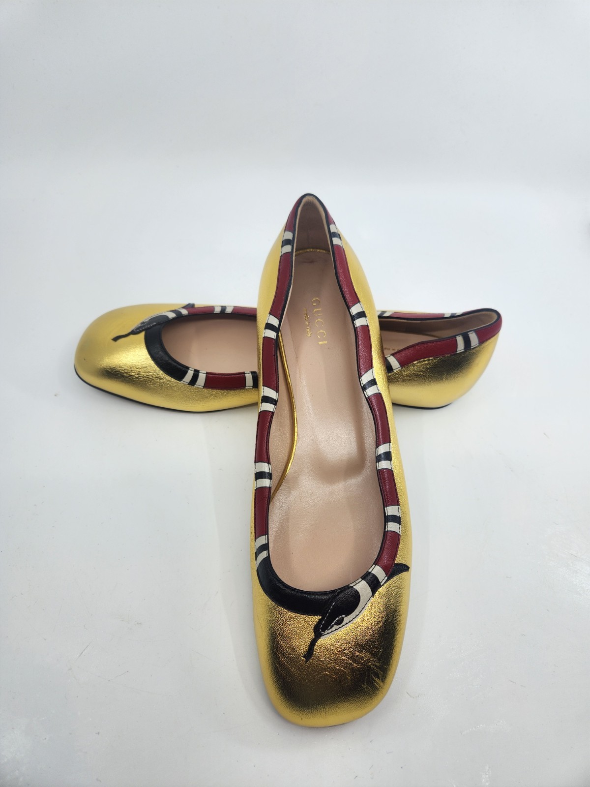 Gucci Yoko King Snake Leather Ballet Flats Shoes Square Toe in GOLD EU 38.5