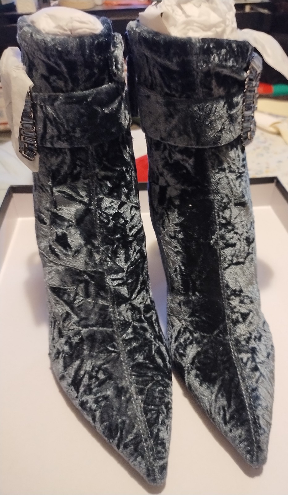 New badgley mischka Velvet Ankle Boot Blue Box, Dust Cover. Crystal Buckle 6.5