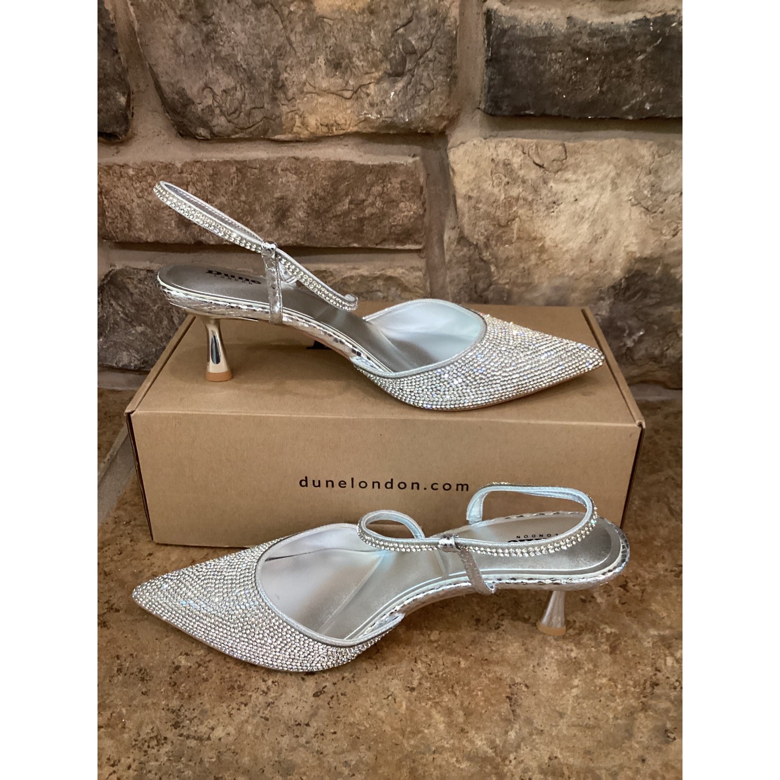 Dune London Competitive Silver Rhinestone Slingback Kitten Heel Pumps 39/9 NEW
