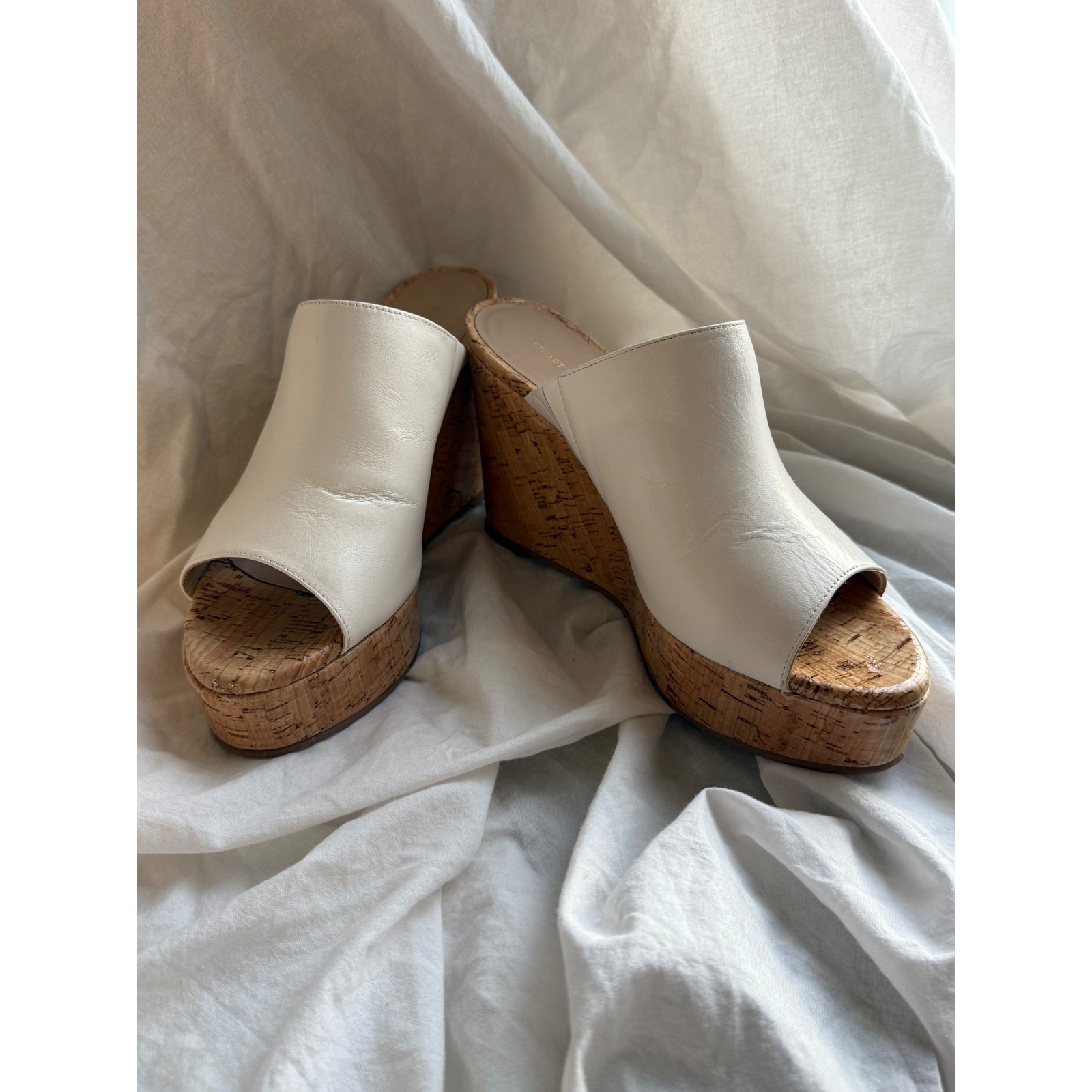 Stuart Weitzman Cream Leather Cork Platform Wedge Mules SH378 Size 9B